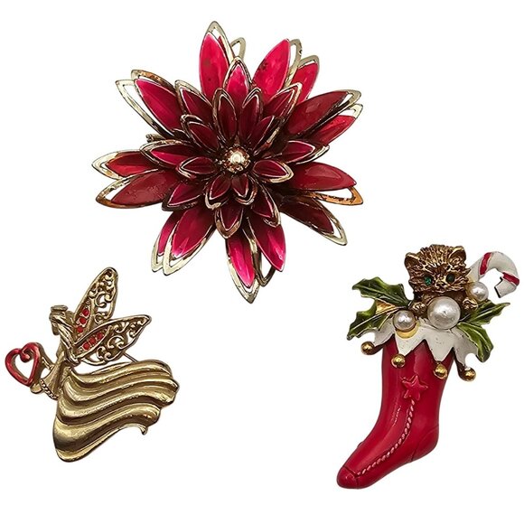 Vtg Set of 3 Brooch Lot Christmas Holiday Stocking Cat Signed Angel Flower Red - Picture 1 of 14